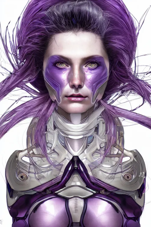 Image similar to extreme close up facial portrait, pale woman with tied purple hair in sci - fi armor, bionic armor, stoic, powerful, by artgerm and yoshitaka amano and moebius and alphonse mucha, hyperdetailed, dc comics, ornate, nebula, explosions in the sky, trending on artstation