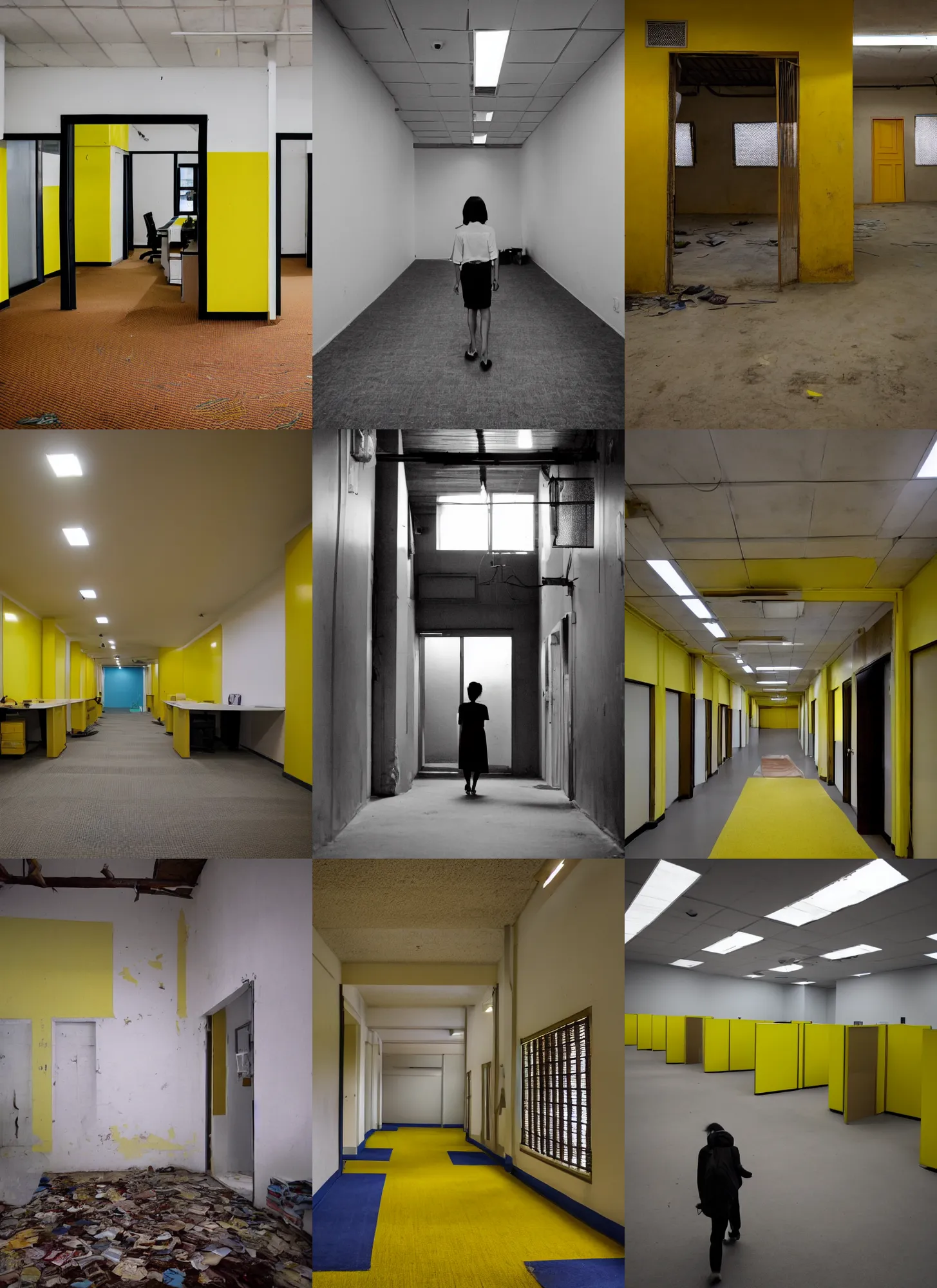 Prompt: Lampião wandering around in the backrooms, an empty, fluorescent lit yellow office with stained walls and carpet, desolate