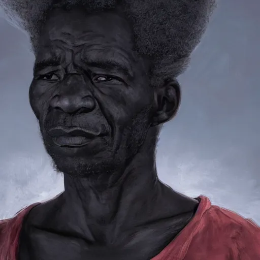 Prompt: a painting of a elder African man by Kara Walker . dramatic angle, ethereal lights, details, smooth, sharp focus, illustration, realistic, cinematic, artstation, award winning, rgb , unreal engine, octane render, cinematic light, macro, depth of field, blur, red light and clouds from the back, highly detailed epic cinematic concept art CG render made in Maya, Blender and Photoshop, octane render, excellent composition, dynamic dramatic cinematic lighting, aesthetic, very inspirational, arthouse.