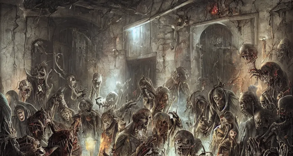 Prompt: A horrific sinister painting of souls of the dead queueing up outside a door in an abandoned warehouse by Tom Bagshaw, Dan Mumford, Dariusz Zawadzki, Todd McFarlane, and Erik Johansson.