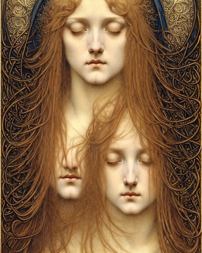 Image similar to detailed realistic beautiful young medieval queen face portrait by jean delville, gustave dore and marco mazzoni, art nouveau, symbolist, visionary, gothic, pre - raphaelite. horizontal symmetry