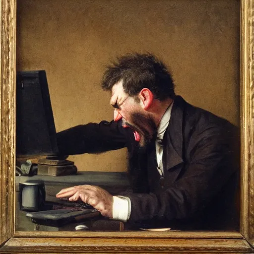 Image similar to an angry man yells at his computer monitor, oil on canvas, 1 8 8 3, highly detailed, high resolution