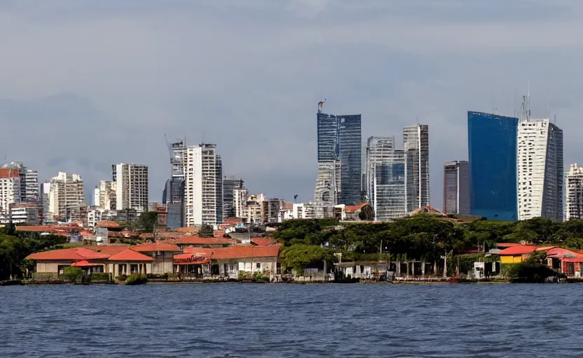 Prompt: skyline of latin american city viewed from the sea