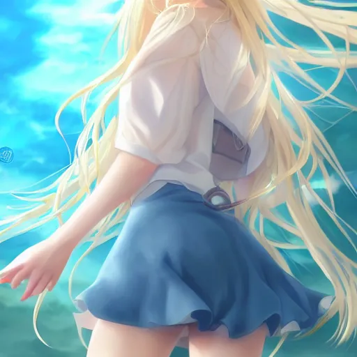 Image similar to a very beautiful anime cute girl, full body, long wavy blond hair, sky blue eyes, full round face, short smile, fancy top, miniskirt, front view, medium shot, mid-shot, highly detailed, cinematic wallpaper by Stanley Artgerm Lau