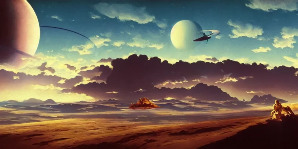 Image similar to blue dreamy cloudscape with a single planet in the clouds, daylight, cinematic lighting, cinematic perspective, syd mead, john harris, federico pelat,