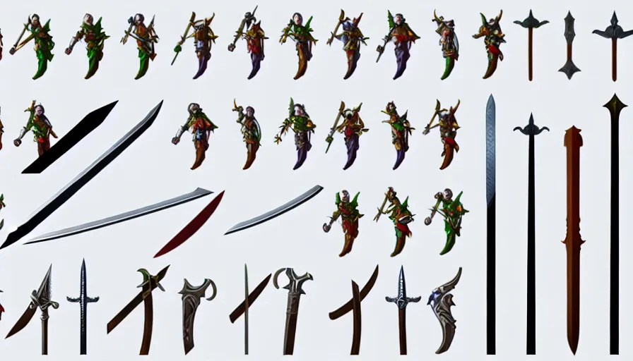 Image similar to collection of sword sprites on transparent background, very high quality digital art