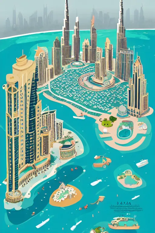 Prompt: dubai, illustration, in the style of katinka reinke