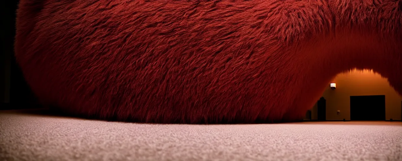 Image similar to a strange huge fluffy furry poufs ottomans sits in the room, film still from the movie directed by denis villeneuve with art direction by zdzisław beksinski, close up, telephoto lens, shallow depth of field