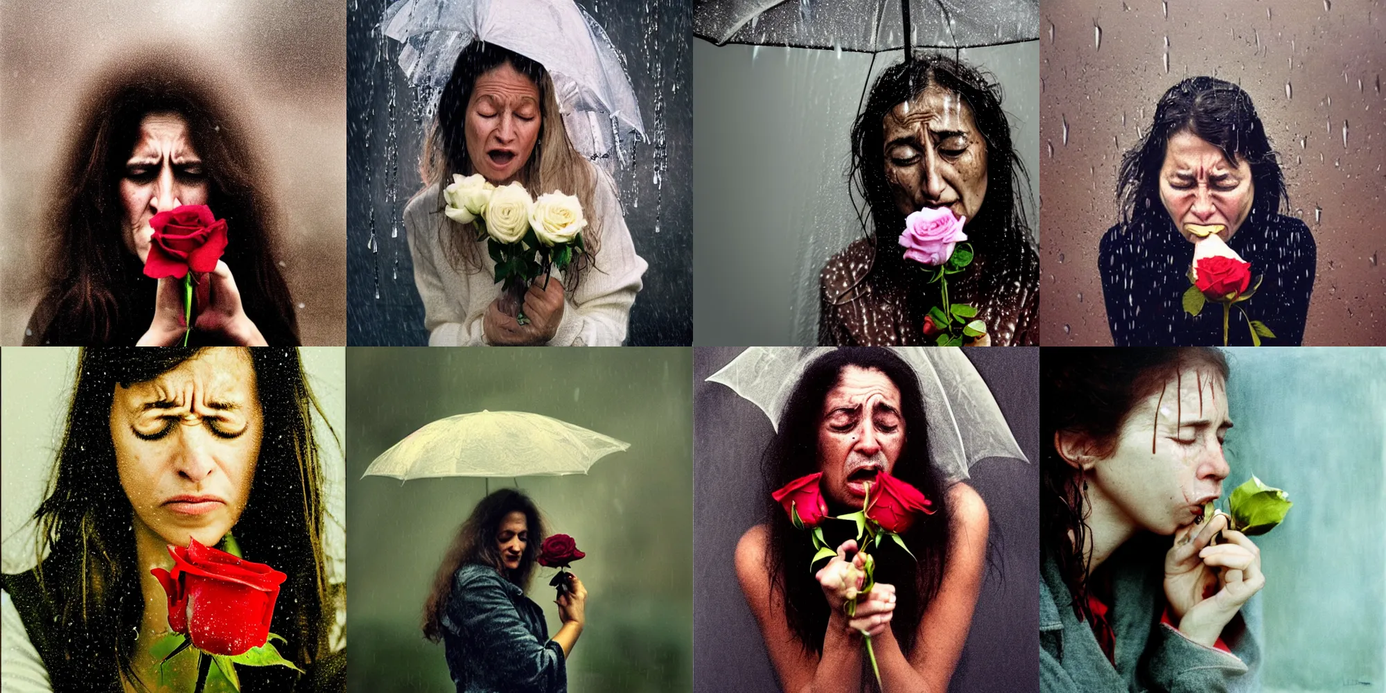 Prompt: a portrait photo of a crying women clutching a rose in the rain, photorealistic, photo by annie leibovitz