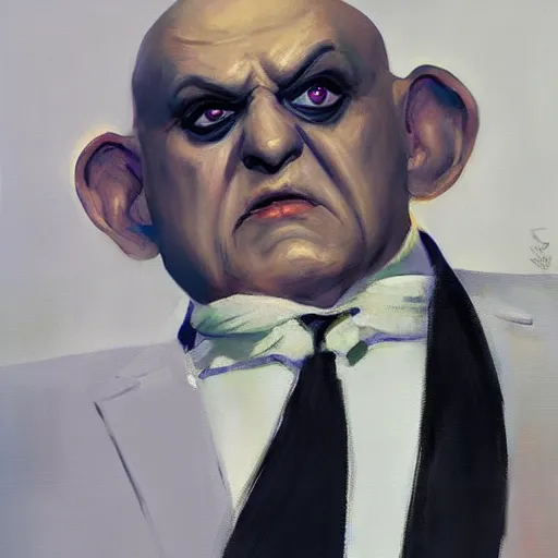 Prompt: greg manchess portrait painting of uncle fester from addams family as overwatch character, medium shot, asymmetrical, profile picture, organic painting, sunny day, matte painting, bold shapes, hard edges, street art, trending on artstation, by huang guangjian and gil elvgren and brom