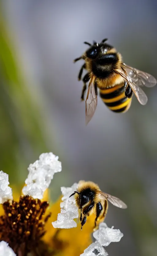 Image similar to a bee finding a beautiful flower, both entrapped in ice, only snow in the background, beautiful macro photography, ambient light