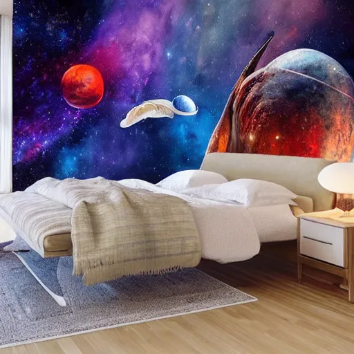 Prompt: a cozy bohemian bedroom interior with wall murals of space whales, detailed, high resolution, wow!, intricate, volumetric lighting, raytracing