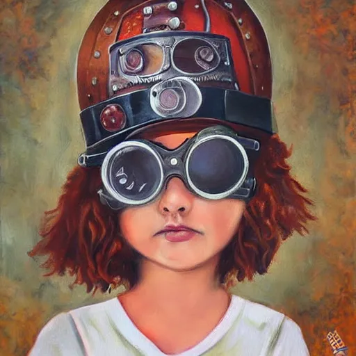 Image similar to steampunk girl in steampunk goggles and a steampunk helmet on the background of a steampunk city, Painting, Canvas, Paint, Acrylic Paint