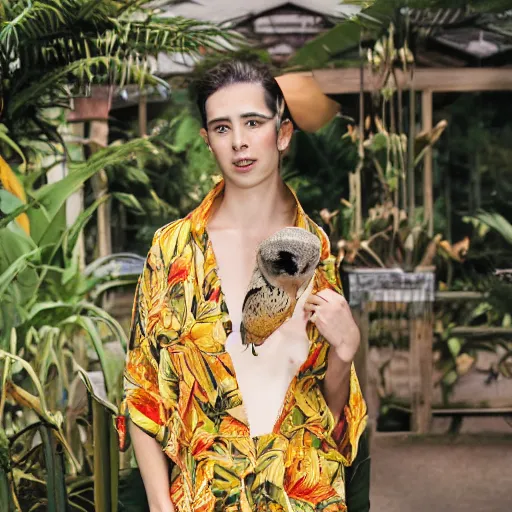 Prompt: head to shoulder portrait film photograph of an elegant top model wearing a yellow kimono with a very detailed barn owl on her shoulder!!! in a tropical greenhouse. looking at the camera!!. super resolution. 85 mm f1.8 lens.bokeh. graflex. by Simon Stålenhag ! -