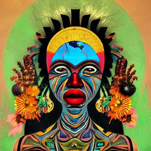 Image similar to Art in the style of Octavia Ocampo, Gaia, Mother Earth, side portrait, tribal mask inside mask, afrocentric mysticism