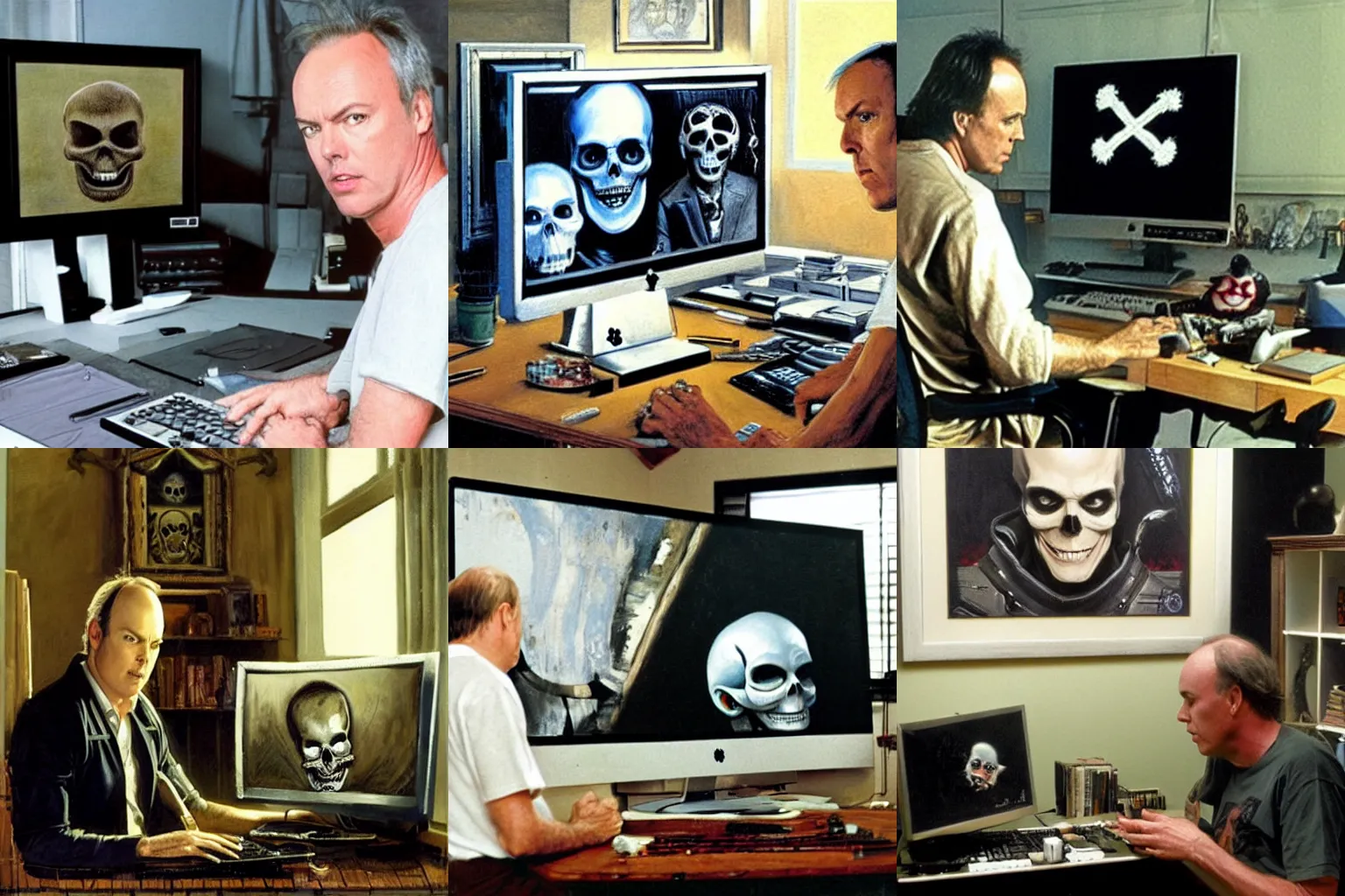 Prompt: michael keaton in his computer with a skull and crossbones on the screen, painting by James gurney