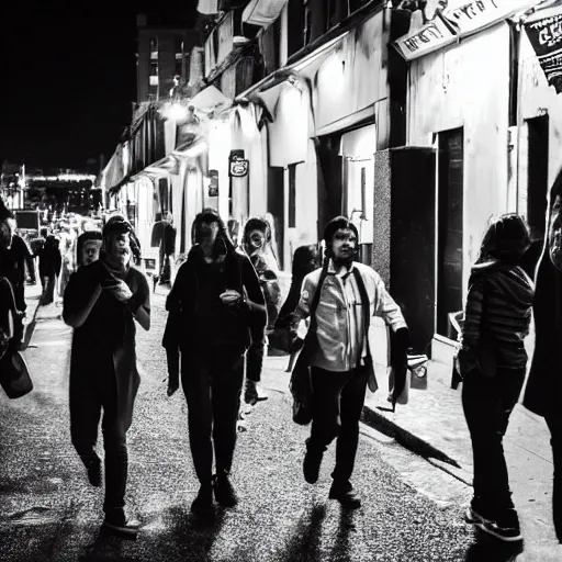 Image similar to Street photography, a group of people leaving a seedy nightclub at 3am, someone is smoking, someone is shouting