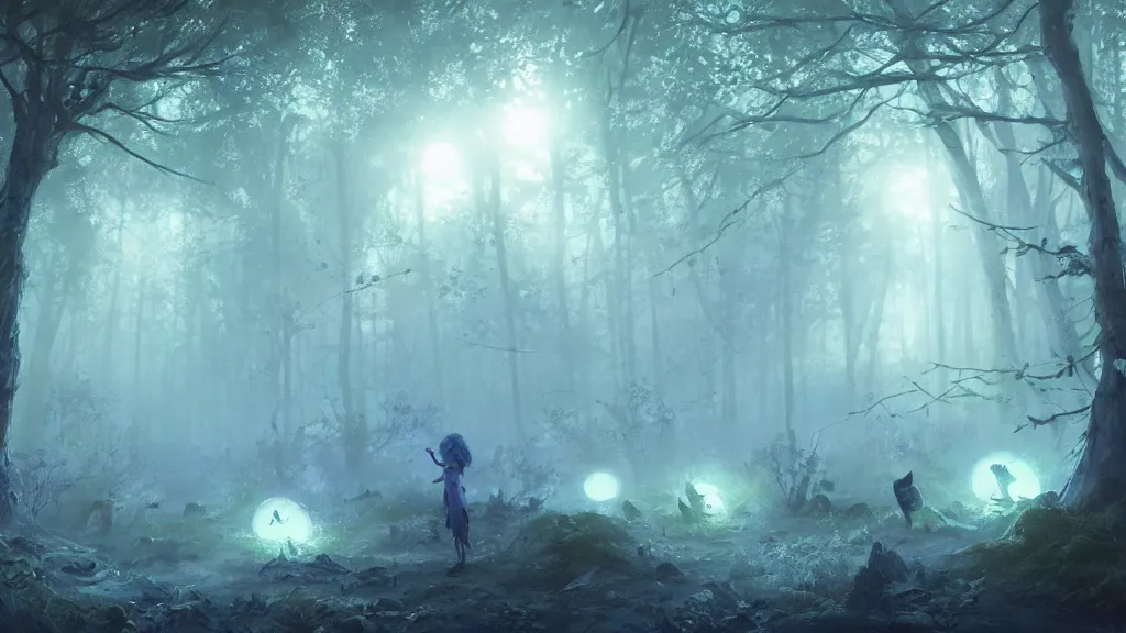 Image similar to moon eggs hatching in a blueish magical forest, foggy, glowing, by greg rutkowski, sylvain sarrailh, rossdraws, ambient light, ultra detailed, fantasy artwork, 8 k, volumetric lighting, trending on artstation, award winning, beautiful scenery, very very very very very very very beautiful.