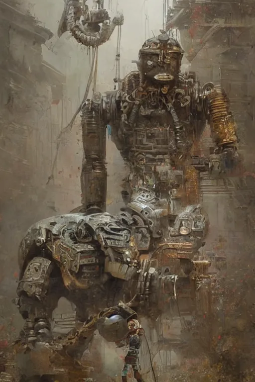 Prompt: an ancient Aztec!!! boy fixing his Aztec!! robot!, part by Craig Mullins, part by Greg Rutkowski , part by Mattias Adolfsson, volumetric lighting!!, oil on canvas