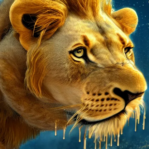 Image similar to a male lion's face breaching through a wall of water, headshot, water sprites, splashing, deep blue ocean, highly detailed, realistic digital art, trending on artstation