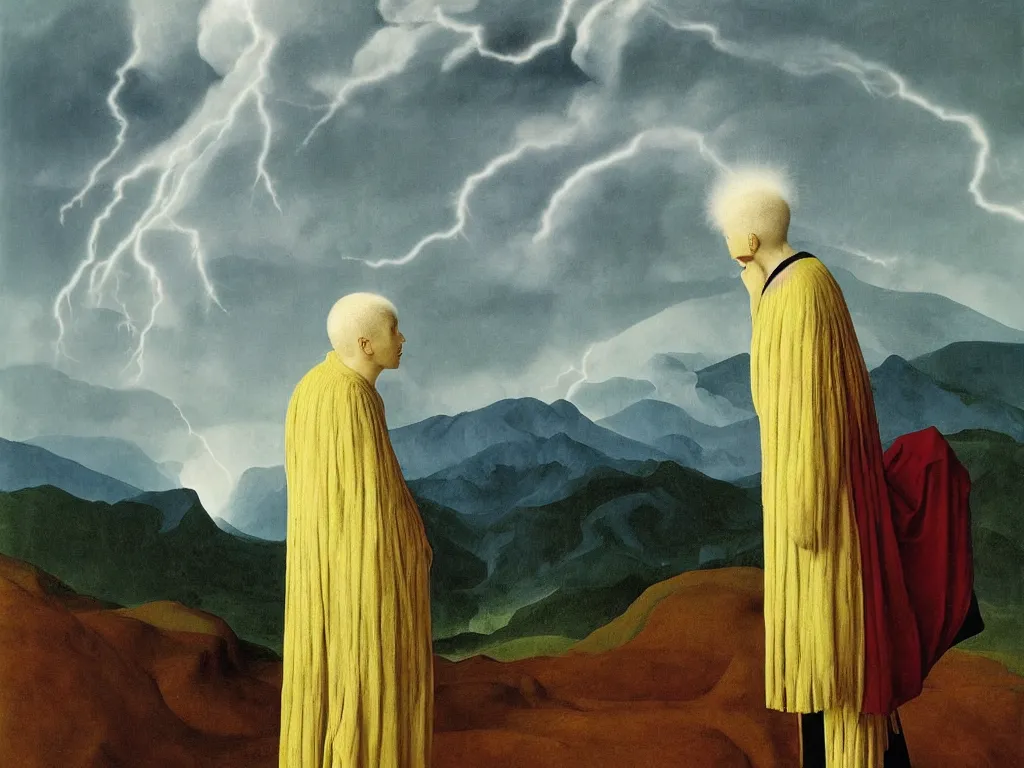 Image similar to albino mystic, with his back turned, looking at a storm over over the mountains in the distance. Painting by Jan van Eyck, Audubon, Rene Magritte, Agnes Pelton, Max Ernst, Walton Ford