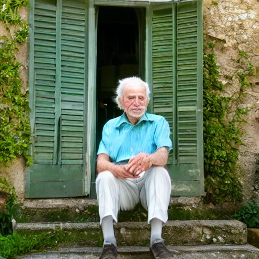 Image similar to mid white hair old man with green shirt and white short, sitting in ile de re house garden, still from purple noon