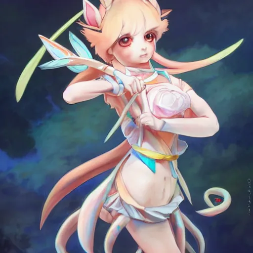 Image similar to Sylveon pokemon Gajinka as a small human girl , highly detailed, digital pencil painting, anime, cartoonish, hybrid human / anthro, monster girl, sharp focus, illustration, art by artgerm and greg rutkowski and alphonse mucha