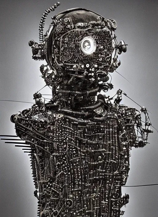 Prompt: old wetplate daguerreotype portrait of futuristic cyborg robot made from small screws and electrical wire, explosion of data fragments, fractal, intricate, elegant, highly detailed, parallax, leica, medium format, subsurface scattering, by jheronimus bosch and greg rutkowski and louis jacques mande daguerre