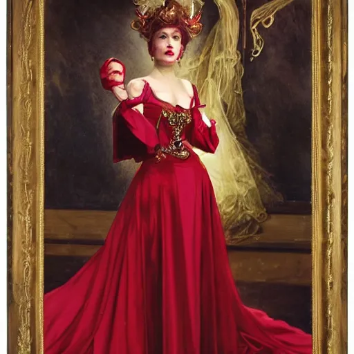 Image similar to an ultra - realistic portrait of a vampire queen in an ostentatiously beautiful blood red dress with gold trim and a long leg slit, 4 k, a masquerade ball in the background with other guests out of focus, sharp focus, detailed face, art by john collier and albert aublet and krenz cushart and artem demura and alphonse mucha