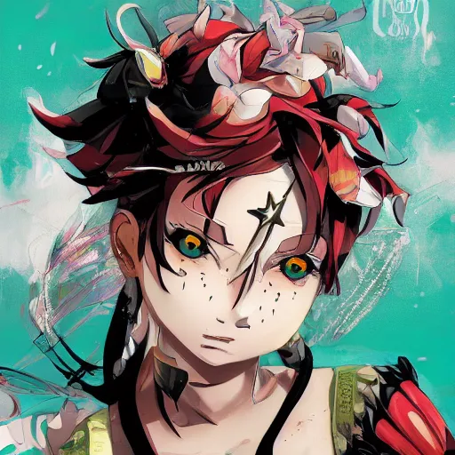 Image similar to Magazine Cover Anime key visual of a Gucci girl; official media; typography; drawn by Hirohiko Araki; Jojo's Bizarre Adventure; Jojolion, portrait, made by Stanley Artgerm Lau, WLOP, Rossdraws, James Jean, Andrei Riabovitchev, Marc Simonetti, Yoshitaka Amano, ArtStation