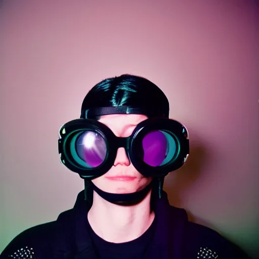 Prompt: kodak portra 4 0 0 photograph of a skinny goth nerd sitting in front of computer screen with face lit up, wearing goggles, moody lighting, telephoto, 9 0 s vibe, blurry background, vaporwave colors, faded!,