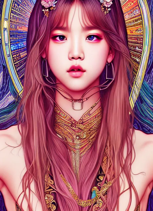 Image similar to lalisa manoban of blackpink, goddess of the moon, tarot card, highly detailed, digital painting, smooth, sharp focus, illustration, ultra realistic, 8 k, art by artgerm and alphonse mucha