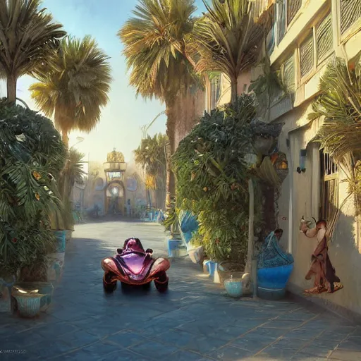 Image similar to frog travels through marrakech streets, palm trees, highly detailed, digital painting, artstation, concept art, smooth, sharp focus, illustration, art by artgerm and greg rutkowski and alphonse mucha