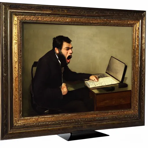 Image similar to an angry man yells at his computer monitor, oil on canvas, 1 8 8 3, highly detailed