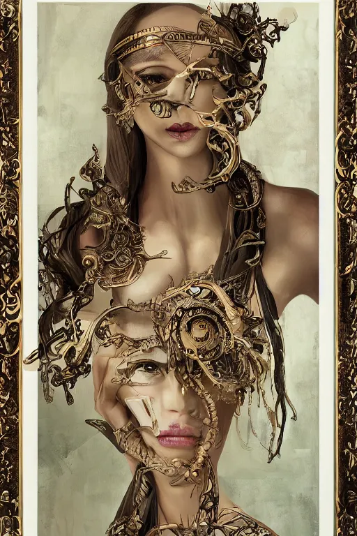 Image similar to An extremely beautiful Art Deco ornate portrait of a young attractive woman with a beautiful bone structure, professionally painted digital art illustration, smooth, sharp focus, atmospheric lighting, highly detailed illustration highlights, golden ratio, extremely detailed winning award masterpiece, very coherent symmetrical artwork, sense of awe, 8K post-processing, trending on artstation flawless, prismatic highlights, telephoto, depth of field, cinematic, macro, concept art, wepa digital, elegant, epic, octane render, v-ray, C4D