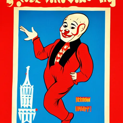 Image similar to young man as communist clown, soviet propaganda style poster