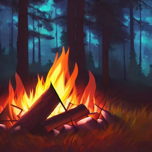 Image similar to beautiful close up zoom up campfire in the woods at night, warmth, stylized, artgerm, artstation, hd, cgsociety, cgi, realistic, dramatic, cinematic, artistic, trending, detailed