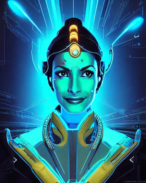Prompt: symmetra from overwatch, blue rays of light, character portrait, portrait, close up, concept art, intricate details, highly detailed, vintage sci - fi poster, retro future, in the style of chris foss, rodger dean, moebius, michael whelan, and gustave dore