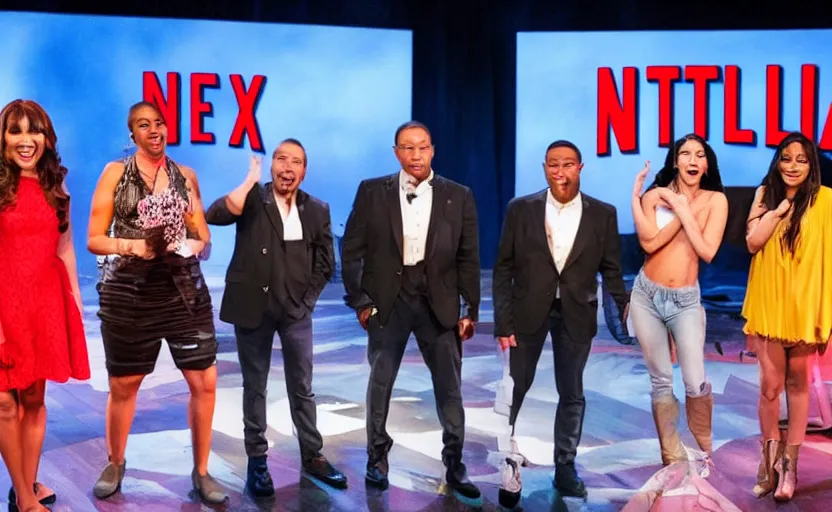 Image similar to a netflix reality show where contestants have to do bizarre things on stage to win