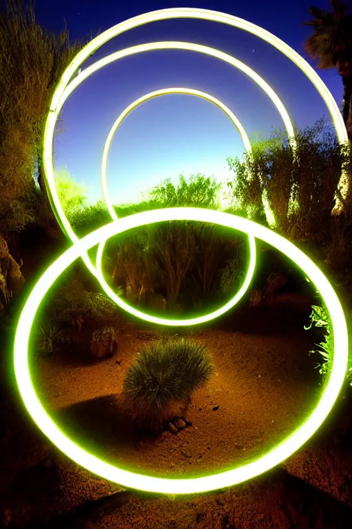 Prompt: a luminous circular stargate in the desert through which a lush jungle is visible