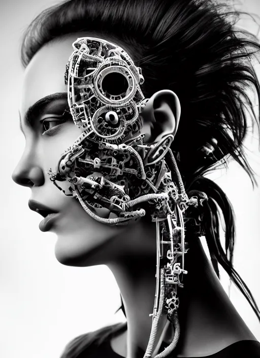 Image similar to a stunning young female cyborg profile face, face is made intricate tribal bio - mechanical, editorial photography, bw, shot on 7 0 mm, depth of field, f / 2. 8, high contrast, 1 6 k, rays of shimmering light, volumetric lighting, shiny, insanely detailed and intricate, hypermaximalist, elegant, ornate, hyper realistic, super detailed