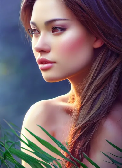 Image similar to photo of a gorgeous female in the style of stefan kostic, realistic, half body shot, sharp focus, 8 k high definition, insanely detailed, intricate, elegant, art by stanley lau and artgerm, extreme bokeh light spring foliage