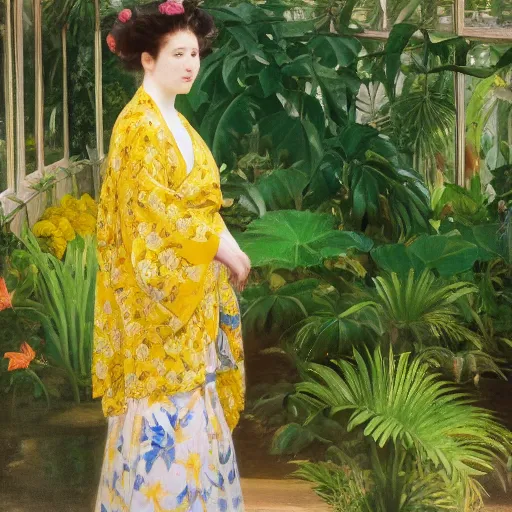 Prompt: photograph of a young woman wearing a yellow kimono in a tropical greenhouse, by John Singer Sargent, extremely detailed, 4K, 85mm lens