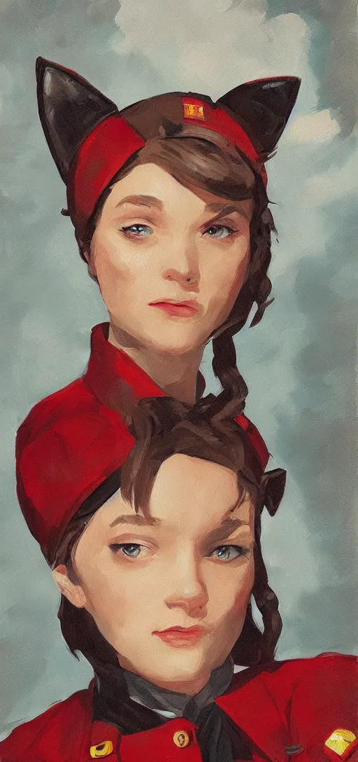 Image similar to oil paining of twentytwo year old female character with ( ( ( cat ears ) ) ) wearing soviet era uniform, wearing a tshirt with a face of karl marx on it, in the style of krenz cushart