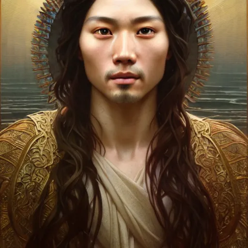 Prompt: portrait painting of a jesus wang, ultra realistic, concept art, intricate details, highly detailed, photorealistic, octane render, 8 k, unreal engine. art by artgerm and greg rutkowski and magali villeneuve and alphonse mucha