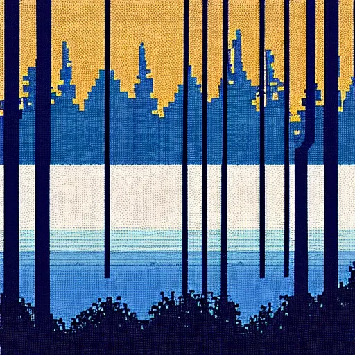 Image similar to pixel art of a lake at night in a forest, dark blue colors