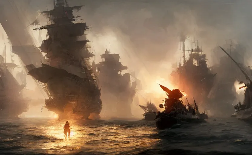 Image similar to Epic naval battle, elegant, volumetric lighting, digital painting, highly detailed, artstation, sharp focus, illustration, concept art, ruan jia, steve mccurry