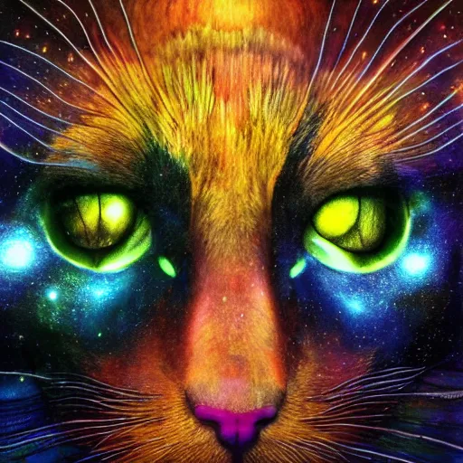 Image similar to psychedelic amber eyes cat eyes lush pine forest, outer space, milky way, designed by arnold bocklin, jules bastien - lepage, tarsila do amaral, wayne barlowe and gustave baumann, cheval michael, trending on artstation, star, sharp focus, colorful refracted sparkles and lines, soft light, 8 k 4 k