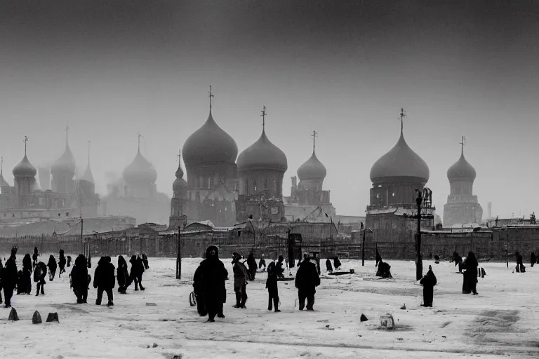 Image similar to Post-apocalyptic imperial russian city scene with a dark smog choked sky and a crowd of people freezing in the snow, black domes and spires, sci fi