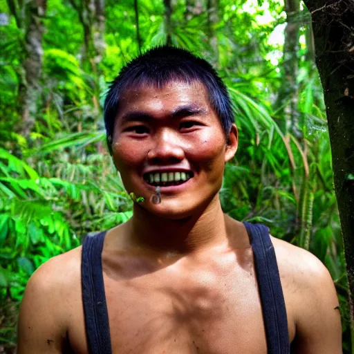 Prompt: a ultra high resolution close - up of warrior from tai tribe in lush green forest. 1 8 years old. photo from the front. cute and beautiful and handsome man is smiling and has eye contact with the camera. face is clear and symetrical. the light is dim, and the colours are muted. kodak etkar 1 0 0.